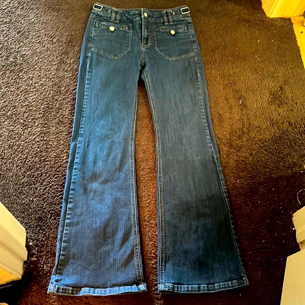 Dark blue, flare jeans.